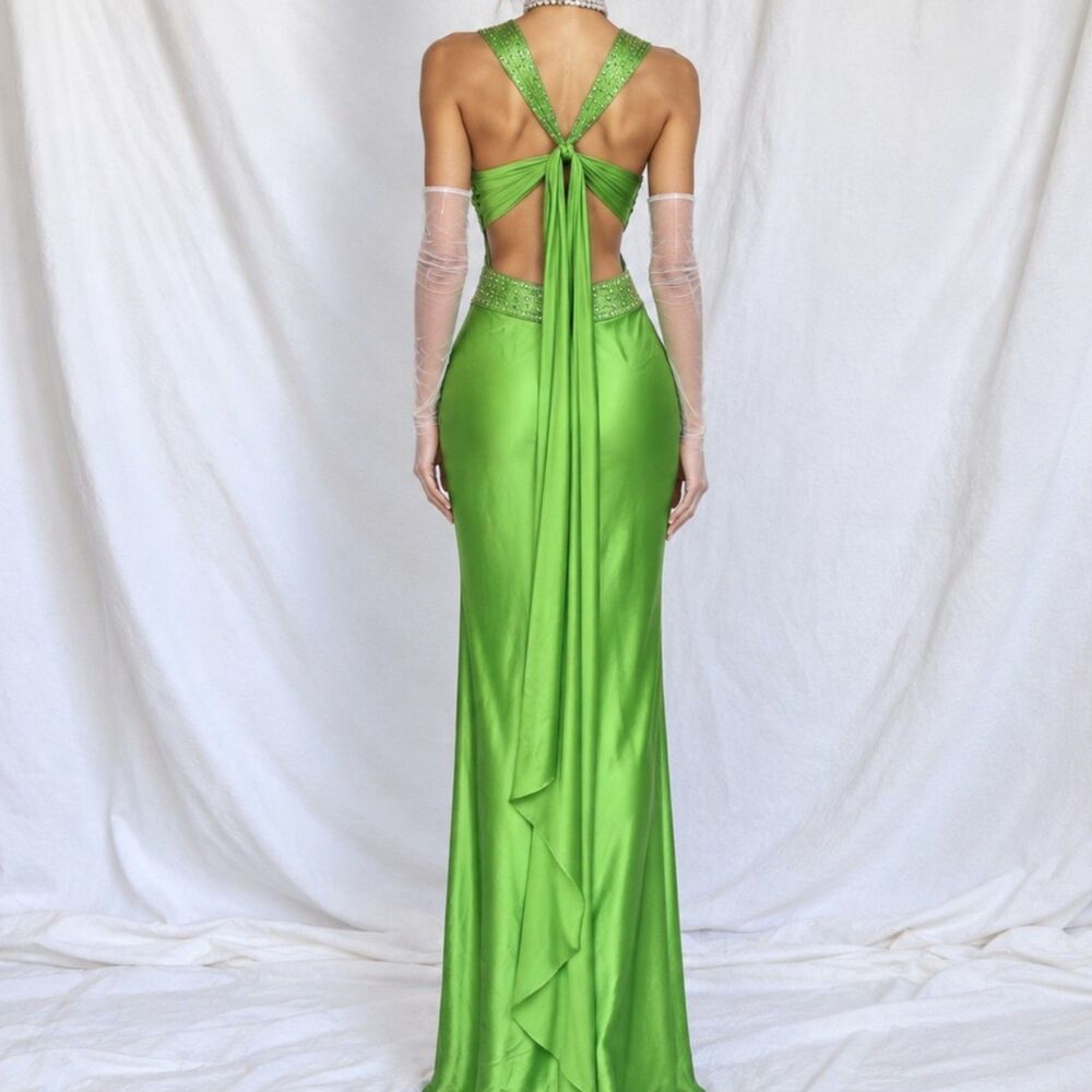 Vintage Y2K Green Sequin Beaded Bodycon Satin Maxi Prom Cocktail Dress Size S